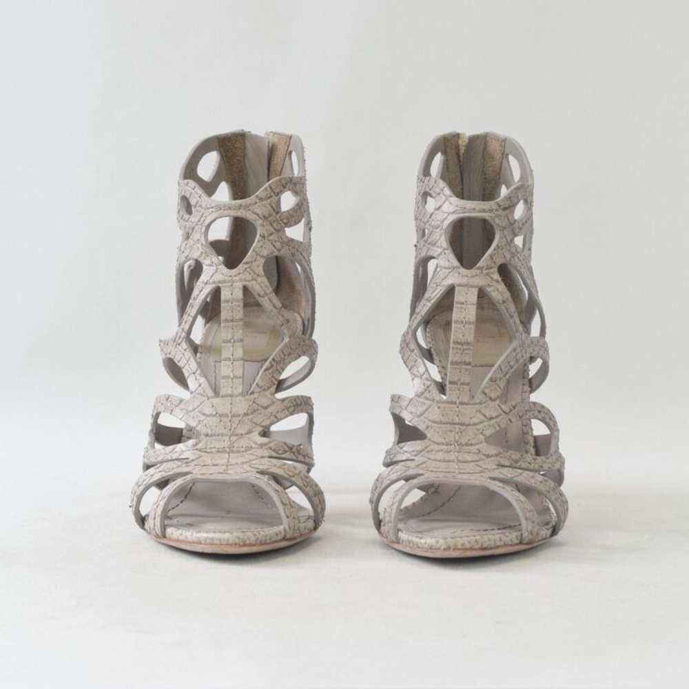 CHRISTIAN DIOR Paradis Python Embossed Leather Sandals Heels 37.5 Grey Cut Out - Picture 2 of 8